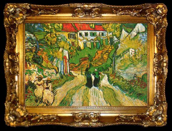 framed  Vincent Van Gogh Village Street and Steps in Auvers with Figures, ta009-2
